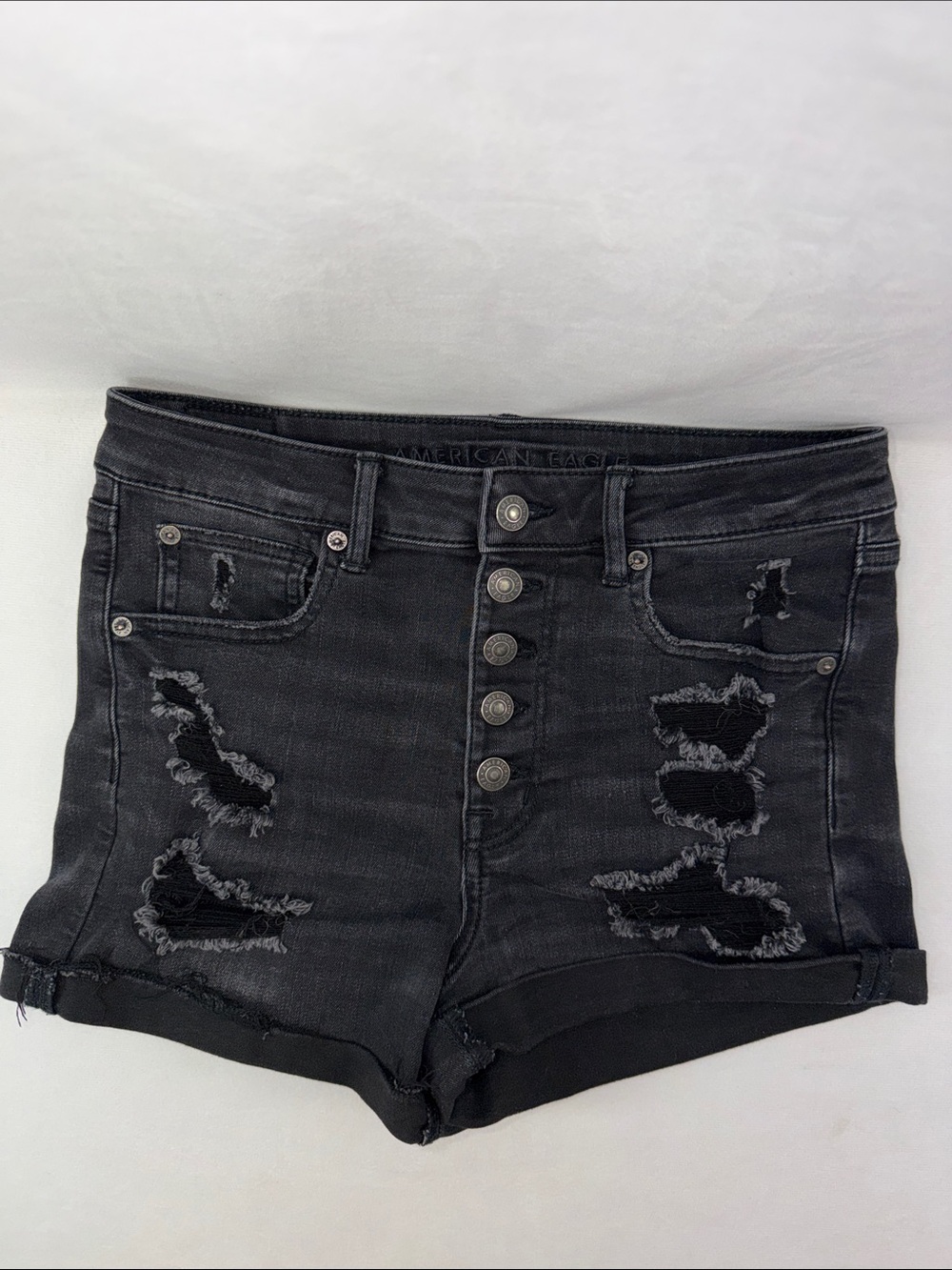 American Eagle Outfitters Black Distressed High-Rise Stretch Denim Shorts